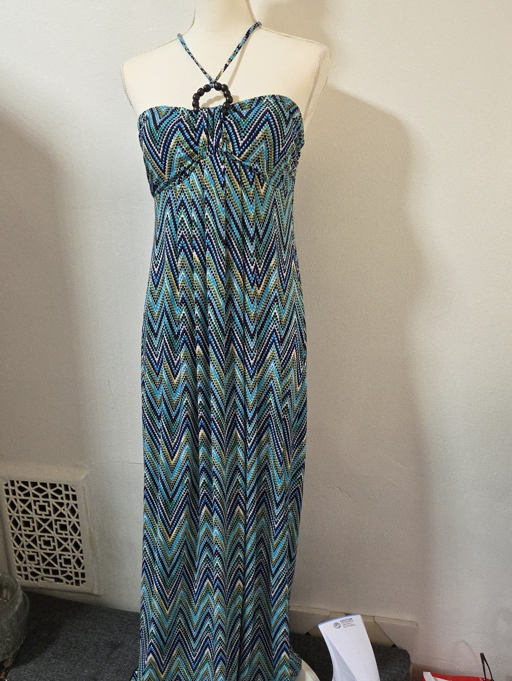 Valerie Bertinelli Blue and Green Chevron Halter Maxi Dress Size 12 NWT